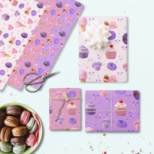 Feuille De Papier Cadeau Cute Pastel rose violet Motif de beignets de cupca