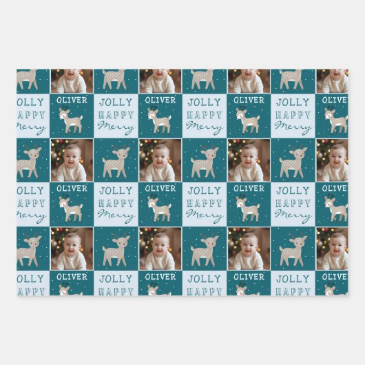 Feuille De Papier Cadeau Cute Personalized Baby Photo Reindeer Christmas (Devant 3)