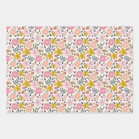 Feuille De Papier Cadeau Cute Pink and Yellow Floral Pattern (Devant)