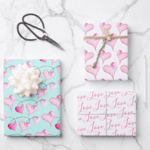 Feuille De Papier Cadeau Cute Pink Hearts & Love Pattern Watercolor