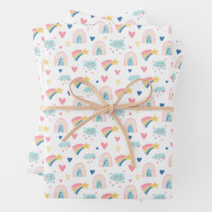Feuille De Papier Cadeau Cute Rainbow Hearts & Clouds Motif