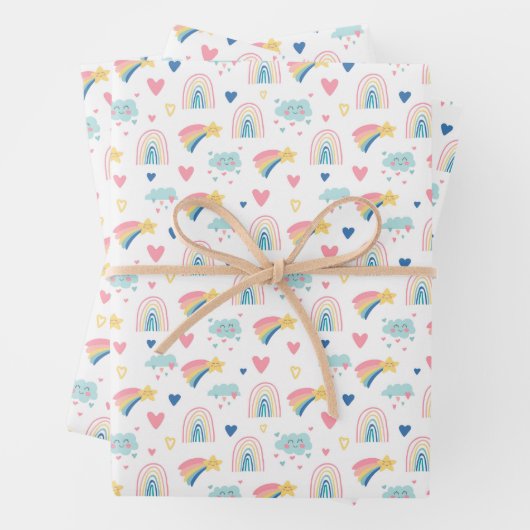 Feuille De Papier Cadeau Cute Rainbow Hearts & Clouds Motif (En situation)