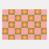 Feuille De Papier Cadeau Cute Retro Hippie Fleur Checkerboard Rose Vert (Devant)