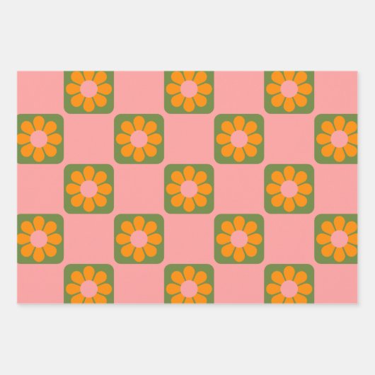 Feuille De Papier Cadeau Cute Retro Hippie Fleur Checkerboard Rose Vert (Devant)
