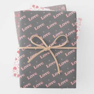 Feuille De Papier Cadeau Cute rose/gris Valentine ‘Love’ & Motif de coeur