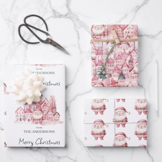 Feuille De Papier Cadeau Cute Santa Pink Winter Town Christmas (Recto)