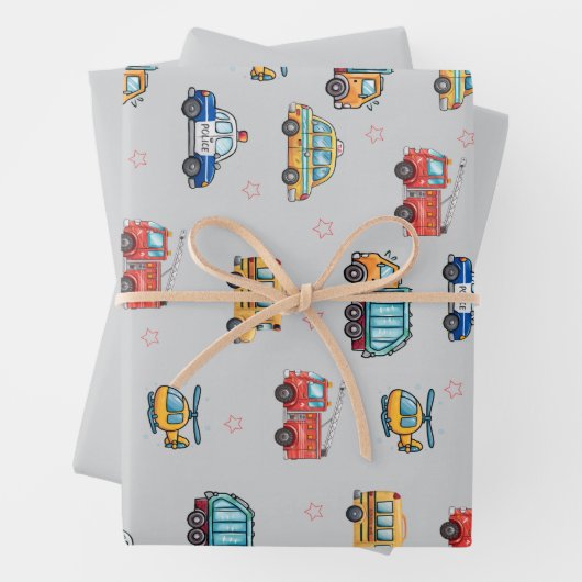 Feuille De Papier Cadeau Cute Service Vehicles  (En situation)