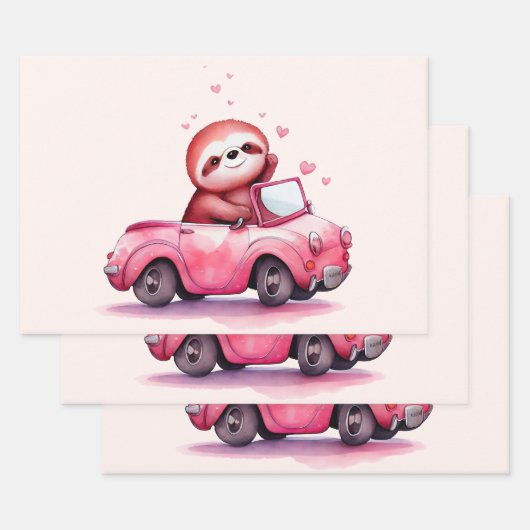 Feuille De Papier Cadeau Cute Sloth Driving a Pink Convertible (Lot)
