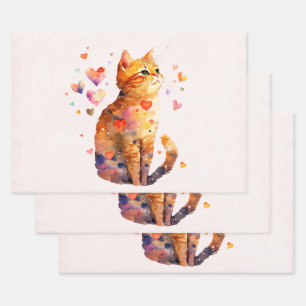 Feuille De Papier Cadeau Cute Tabby Chat avec Coeurs