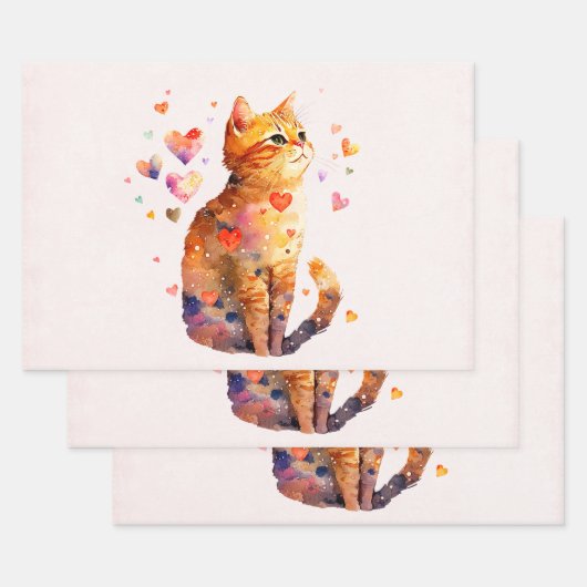 Feuille De Papier Cadeau Cute Tabby Chat avec Coeurs (Lot)