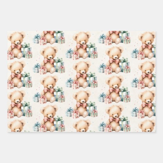 Feuille De Papier Cadeau Cute Teddy Bear avec Noël Présents Motif (Devant)