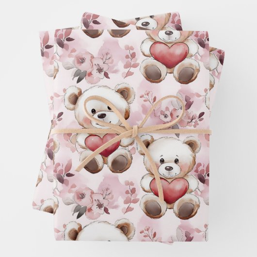 Feuille De Papier Cadeau Cute Teddy Bear Valentine's Day Hearts Motif (En situation)