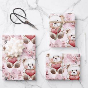 Feuille De Papier Cadeau Cute Teddy Bear Valentine's Day Hearts Motif