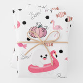 Feuille De Papier Cadeau Cute Tropical Halloween - Pink Ghosts & Flamingos (En situation)