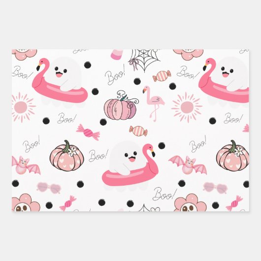 Feuille De Papier Cadeau Cute Tropical Halloween - Pink Ghosts & Flamingos (Devant)