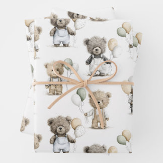 Feuille De Papier Cadeau Cute Watercolor Teddy Bears with Balloons