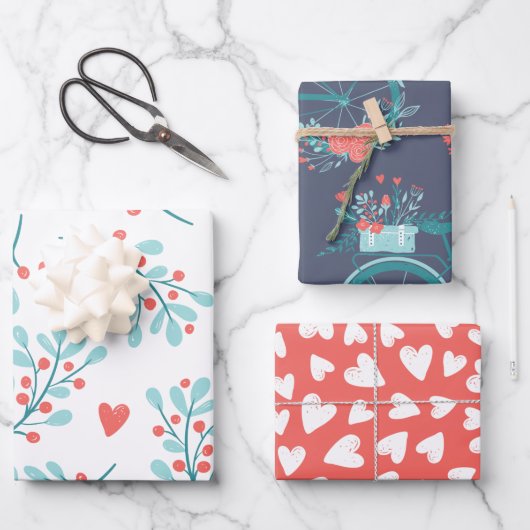 Feuille De Papier Cadeau Cute Whimsical Coeurs Fleurs Motif Marine Bleu (Recto)