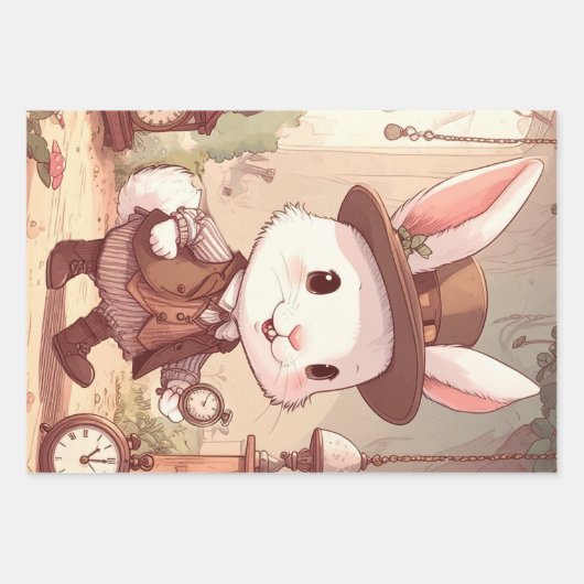 Feuille De Papier Cadeau Cute White Rabbit Wonderland Whimsical Timekeeper (Devant)