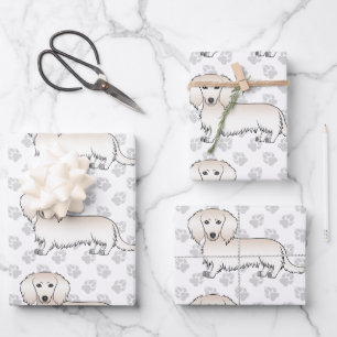 Feuille De Papier Cadeau Dachshund à poils longs crème Motif & empreintes d