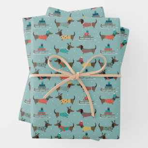 Feuille De Papier Cadeau Dachshund de vacances avec cadeaux et Motif de sle
