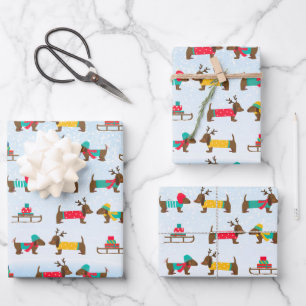 Feuille De Papier Cadeau Dachshunds Traîneau de Renne Motif de Noël en Neig