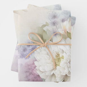 Feuille De Papier Cadeau Dahlia blanc avec des accents violets et bleus