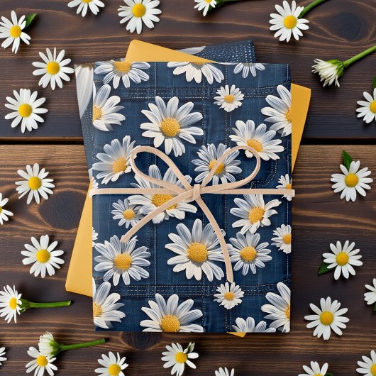 Feuille De Papier Cadeau Daisies on Blue Denim Birthday 