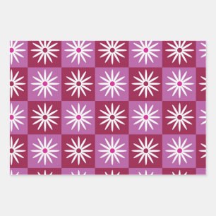 Feuille De Papier Cadeau Daisy blanche à carreaux sur damier rouge et rose