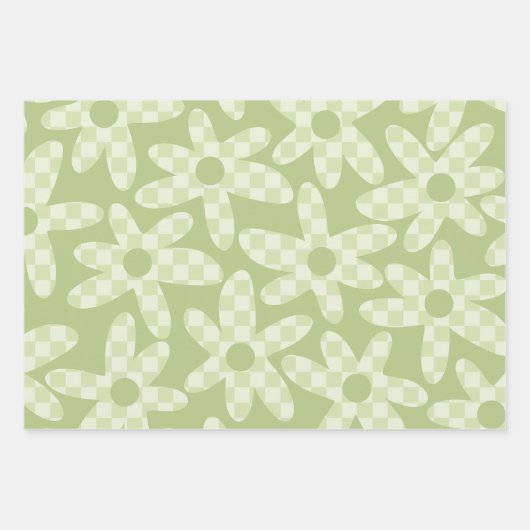 Feuille De Papier Cadeau Daisy Check Sage Green Retro Moderne Motif (Devant)