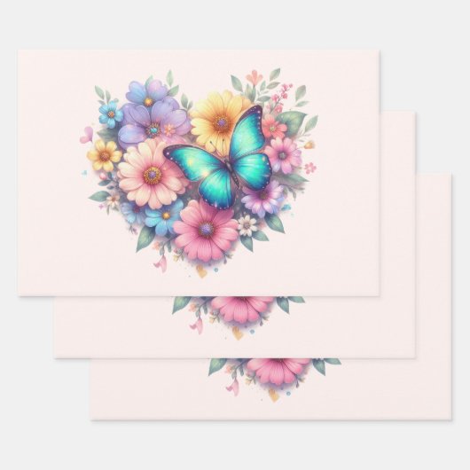 Feuille De Papier Cadeau Daisy Flowers with a Beautiful Butterfly (Lot)