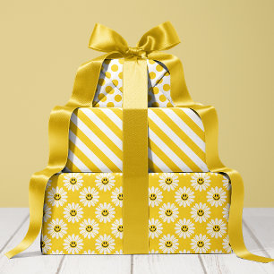 Feuille De Papier Cadeau Daisy jaune rayée et à pois