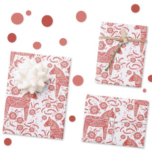 Feuille De Papier Cadeau Dala suédois Cheval Rouge et Blanc Art populaire