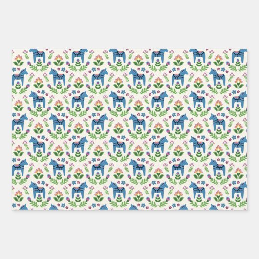 Feuille De Papier Cadeau Dala suédois Chevaux bleu (Devant)