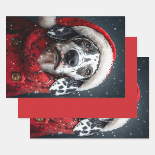 Feuille De Papier Cadeau Dalmatie festive à Père Noël Attire (Lot)