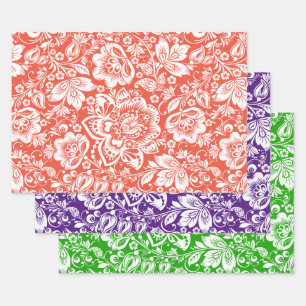 Feuille De Papier Cadeau damas vintage blanc sur orange, violet et vert