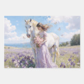 Feuille De Papier Cadeau Dame & Cheval Blanc dans le Champ d'Iris (Devant 3)