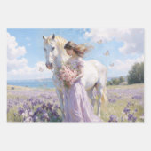 Feuille De Papier Cadeau Dame & Cheval Blanc dans le Champ d'Iris (Devant 2)