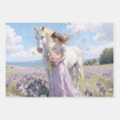 Feuille De Papier Cadeau Dame & Cheval Blanc dans le Champ d'Iris (Devant)