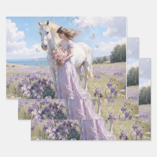 Feuille De Papier Cadeau Dame & Cheval Blanc dans le Champ d'Iris (Lot)
