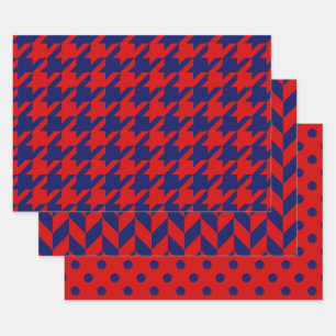 Feuille De Papier Cadeau Damier, Sergé, Points DIY Couleurs Rouge Bleu