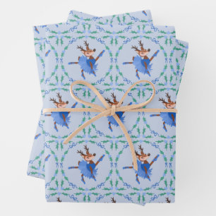 Feuille De Papier Cadeau Danseuse de Noël Bleue la Renne Ballerine