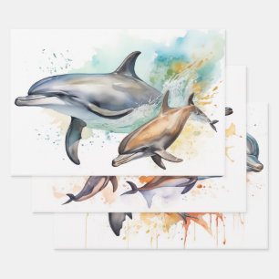 Feuille De Papier Cadeau Dauphins dans la scène d'aquarelle du coucher du s