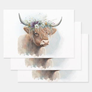 Feuille De Papier Cadeau Découpage aquarelle de vache highland florale