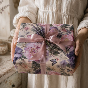 Feuille De Papier Cadeau Decoupage de fleurs et de papillons anciens, viole
