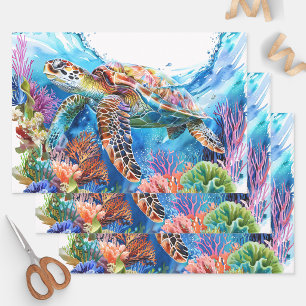 Feuille De Papier Cadeau Découpage de tortue marine à l'aquarelle vibrante
