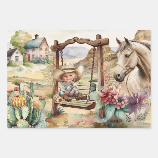 Feuille De Papier Cadeau Découpage occidentale - petite cowgirl sur un chev (Devant 2)
