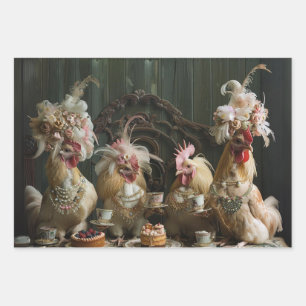 Feuille De Papier Cadeau Découpage Poulets Vintages ayant un Tea Party