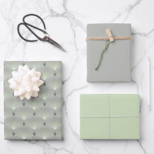 Feuille De Papier Cadeau Délicat vert et gris, art déco. (Recto)