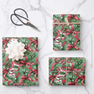 Feuille De Papier Cadeau Des sapins et des rubans rouges avec du houx