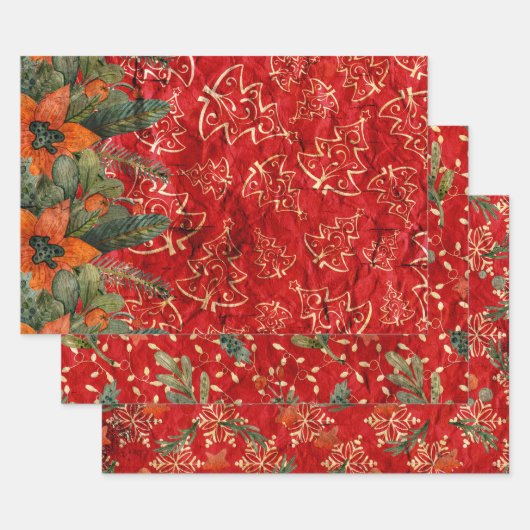 FEUILLE DE PAPIER CADEAU DÉTRUIT DE NOËL ROUGE VACANCES VERDURE (Lot)